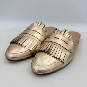 KAANAS Lucca Metallic Gold Leather Fringe Pointed Toe Mule Loafers Size 7